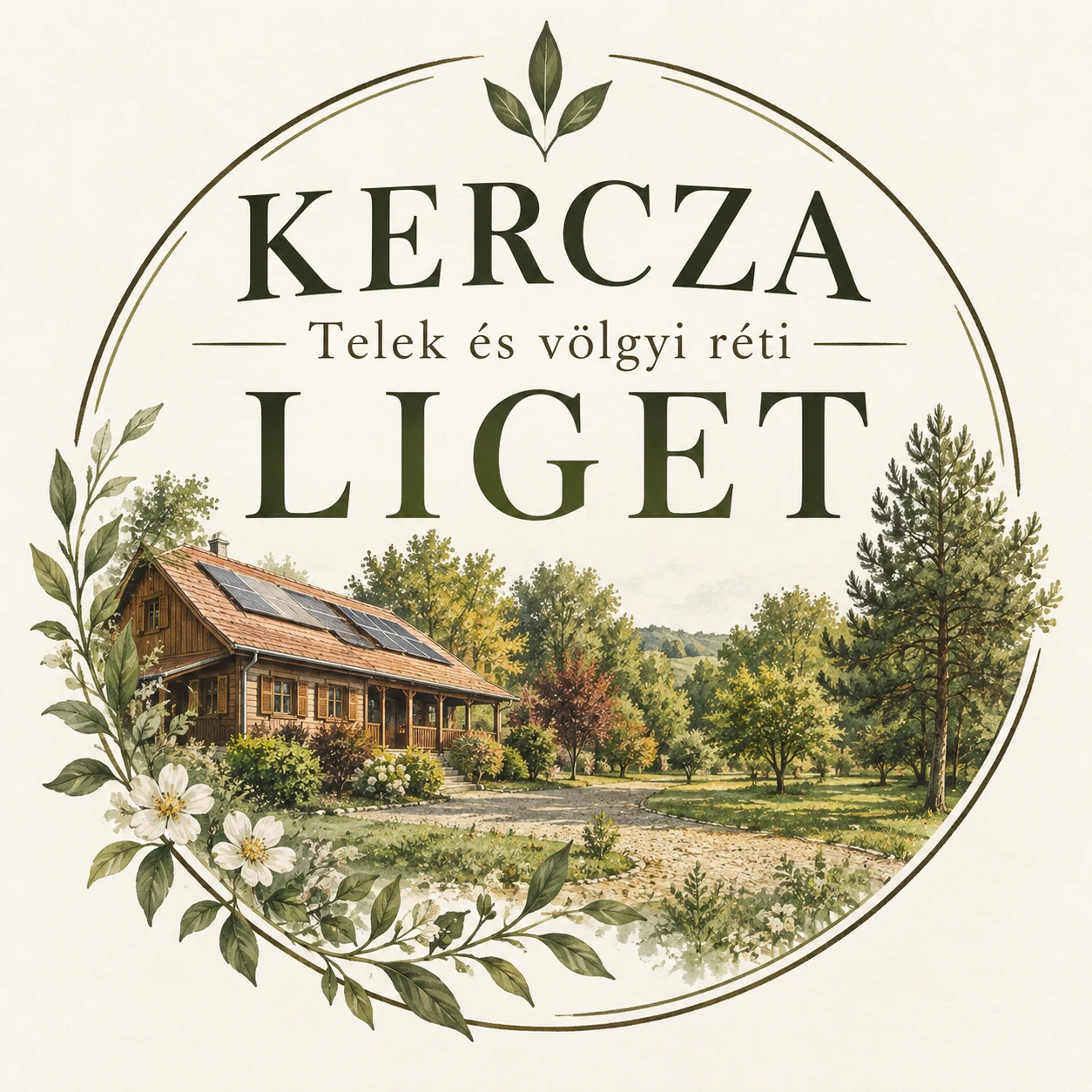 A Kercza Liget illusztrált emblémája: gerendaház, fák és virágok, natúr színekben.